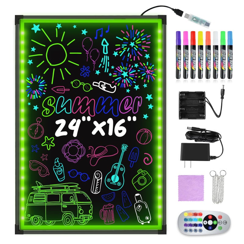 Hosim LED Message Writing Board 24" x 16", Illuminated Erasable Neon Restaurant Menu Sign Board with 8 Colors Markers, 16 Lighting Colors Light Up DIY Message Chalkboard for Christmas Display - Image 1